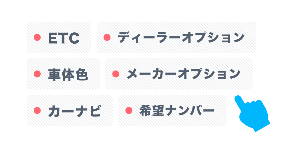 ETC、ディーラーオプション、車体色、メーカーオプション、カーナビ、希望ナンバー