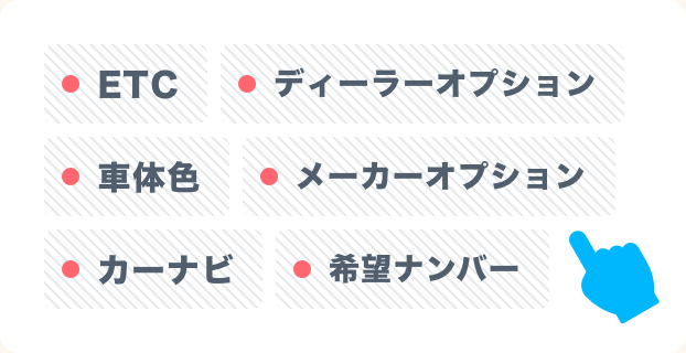 ETC、ディーラーオプション、車体色、メーカーオプション、カーナビ、希望ナンバー