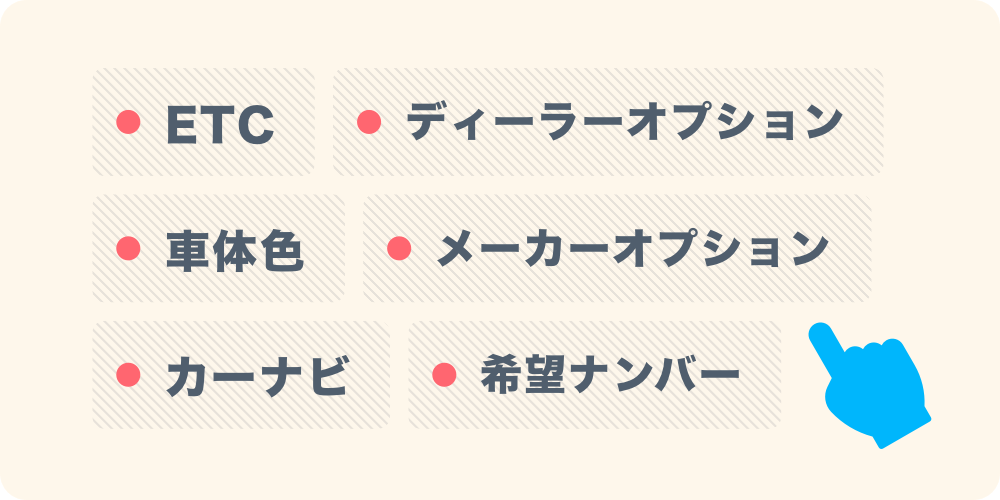 ETC、ディーラーオプション、車体色、メーカーオプション、カーナビ、希望ナンバー