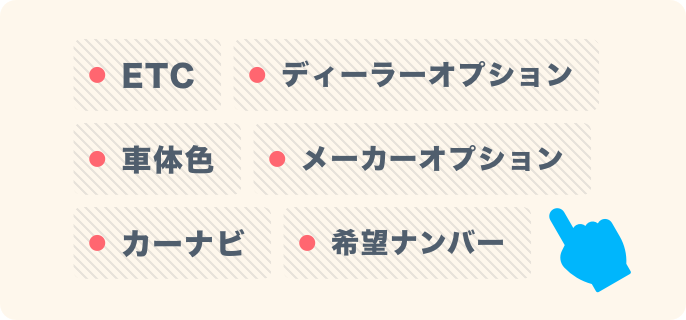 ETC、ディーラーオプション、車体色、メーカーオプション、カーナビ、希望ナンバー