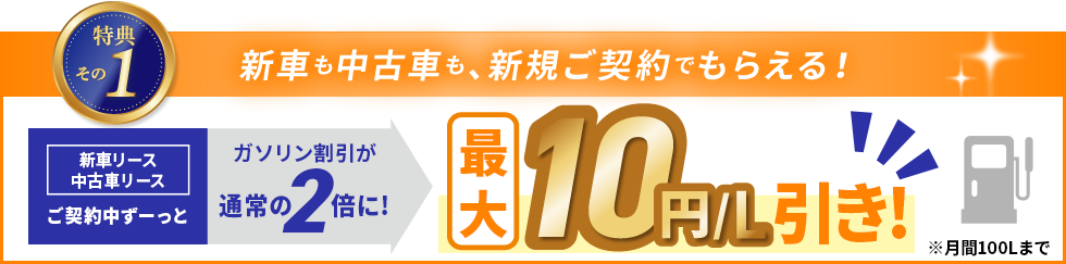 特典その1：新車も中古車も、新規ご契約でもらえる！新車リース・中古車リースご契約中ずーっとガソリン割引が通常の2倍に！最大10円/L引き！ ※月間100Lまで